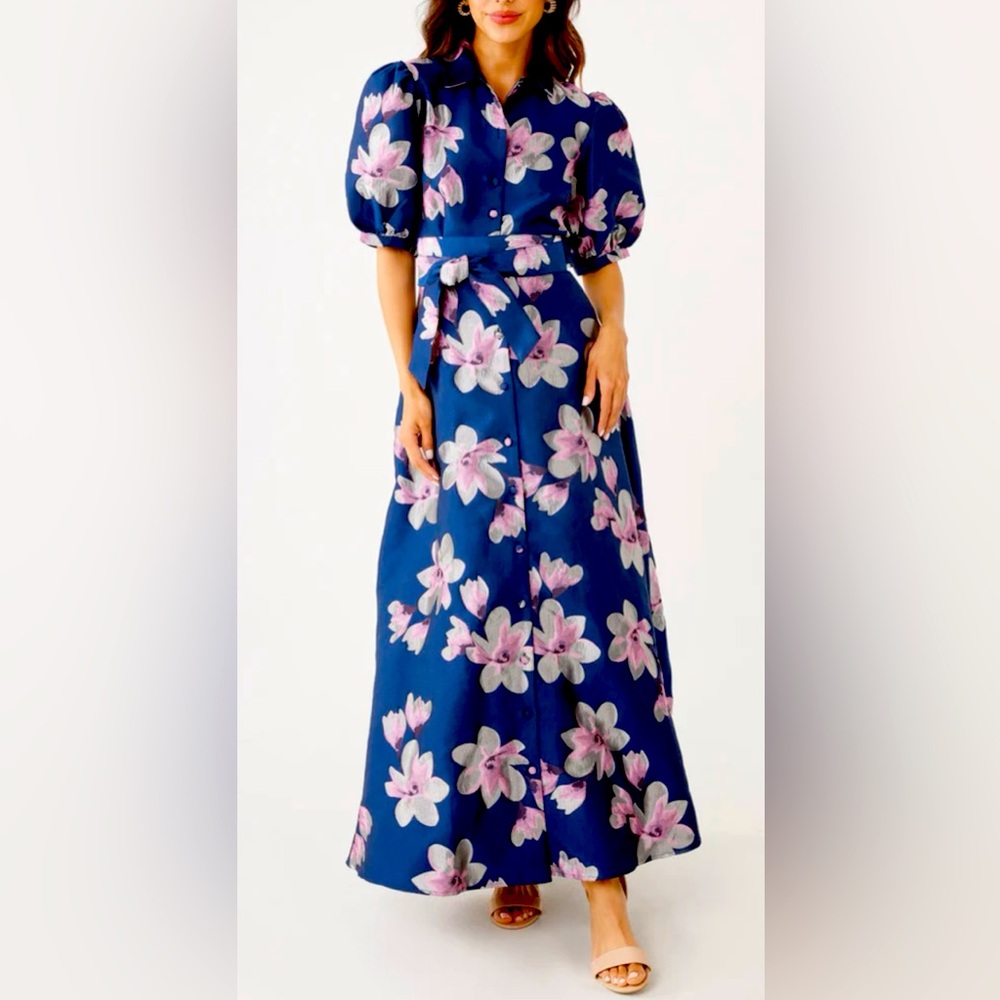 Abbey Glass CHARLOTTE GOWN BLUE PLUMERIA JACQUARD